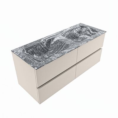 MONDIAZ VICA-DLUX 120cm badmeubel onderkast Linen 4 lades. Inbouw wastafel CLOUD dubbel zonder kraangat, kleur Lava, en spiegel model SPOT