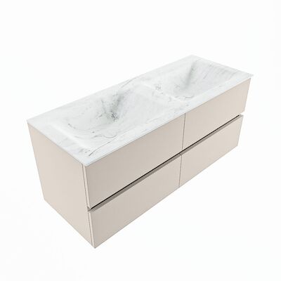 MONDIAZ VICA-DLUX 120cm badmeubel onderkast Linen 4 lades. Inbouw wastafel CLOUD dubbel zonder kraangat, kleur Opalo, en spiegel model SPOT