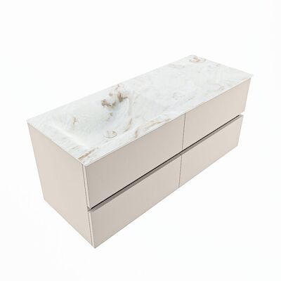 MONDIAZ VICA-DLUX 120cm badmeubel onderkast Linen 4 lades. Inbouw wastafel CLOUD links zonder kraangat, kleur Frappe, en spiegel model SPOT