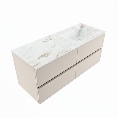 MONDIAZ VICA-DLUX 120cm badmeubel onderkast Linen 4 lades. Inbouw wastafel CLOUD rechts 1 kraangat, kleur Frappe, en spiegel model SPOT