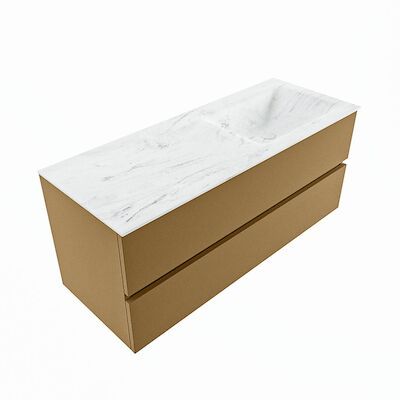 MONDIAZ VICA-DLUX 120cm badmeubel onderkast Oro 2 lades. Inbouw wastafel CLOUD rechts zonder kraangat, kleur Opalo, en spiegel model SPOT