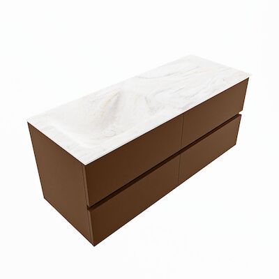MONDIAZ VICA-DLUX 120cm badmeubel onderkast Rust 4 lades. Inbouw wastafel CLOUD links 1 kraangat, kleur Ostra, en spiegel model SPOT