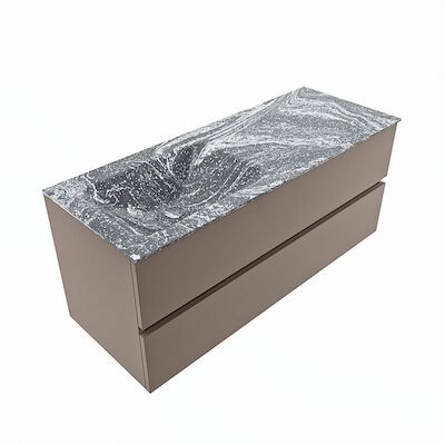 MONDIAZ VICA-DLUX 120cm badmeubel onderkast Smoke 2 lades. Inbouw wastafel CLOUD links 1 kraangat, kleur Lava, en spiegel model SPOT