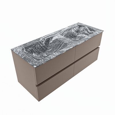 MONDIAZ VICA-DLUX 120cm badmeubel onderkast Smoke 4 lades. Inbouw wastafel CLOUD dubbel zonder kraangat, kleur Lava, en spiegel model SPOT