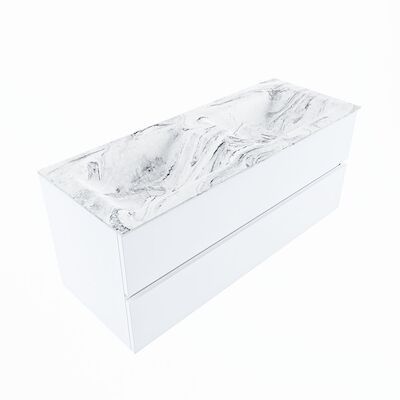 MONDIAZ VICA-DLUX 120cm badmeubel onderkast Talc 2 lades. Inbouw wastafel CLOUD dubbel 2 kraangaten, kleur Glace, en spiegel model SPOT