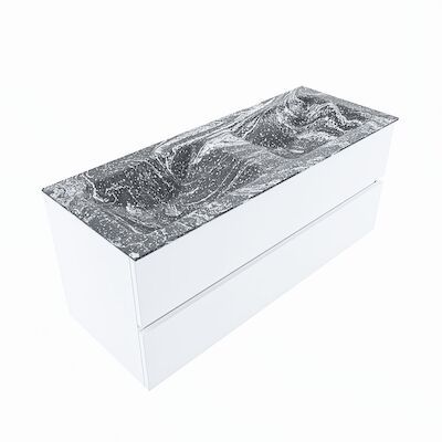 MONDIAZ VICA-DLUX 120cm badmeubel onderkast Talc 2 lades. Inbouw wastafel CLOUD dubbel zonder kraangat, kleur Lava, en spiegel model SPOT
