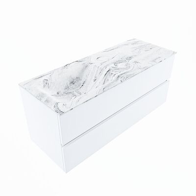 MONDIAZ VICA-DLUX 120cm badmeubel onderkast Talc 2 lades. Inbouw wastafel CLOUD links 1 kraangat, kleur Glace, en spiegel model SPOT