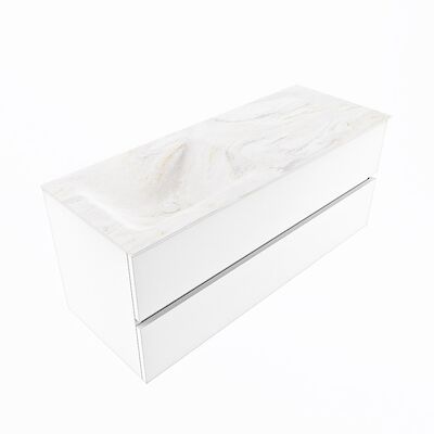 MONDIAZ VICA-DLUX 120cm badmeubel onderkast Talc 2 lades. Inbouw wastafel CLOUD links zonder kraangat, kleur Ostra, en spiegel model SPOT