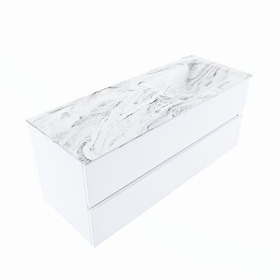 MONDIAZ VICA-DLUX 120cm badmeubel onderkast Talc 2 lades. Inbouw wastafel CLOUD rechts zonder kraangat, kleur Glace, en spiegel model SPOT