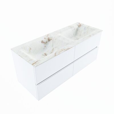 MONDIAZ VICA-DLUX 120cm badmeubel onderkast Talc 4 lades. Inbouw wastafel CLOUD dubbel zonder kraangat, kleur Frappe, en spiegel model SPOT