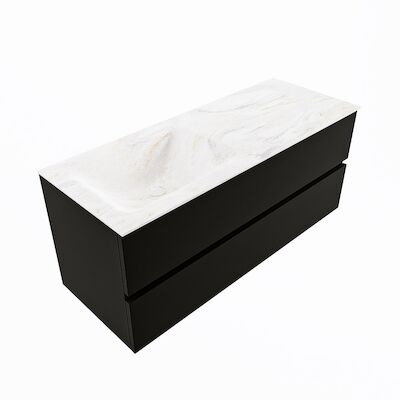 MONDIAZ VICA-DLUX 120cm badmeubel onderkast Urban 2 lades. Inbouw wastafel CLOUD links zonder kraangat, kleur Ostra, en spiegel model SPOT