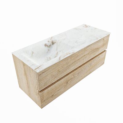 MONDIAZ VICA-DLUX 120cm badmeubel onderkast Washed Oak 2 lades. Inbouw wastafel CLOUD links 1 kraangat, kleur Frappe, en spiegel model SPOT