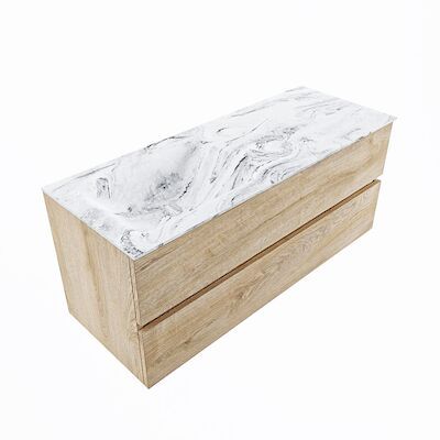 MONDIAZ VICA-DLUX 120cm badmeubel onderkast Washed Oak 2 lades. Inbouw wastafel CLOUD links 1 kraangat, kleur Glace, en spiegel model SPOT