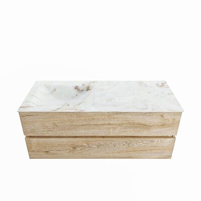 MONDIAZ VICA-DLUX 120cm badmeubel onderkast Washed Oak 2 lades. Inbouw wastafel CLOUD links zonder kraangat, kleur Frappe.