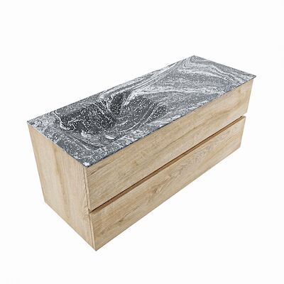 MONDIAZ VICA-DLUX 120cm badmeubel onderkast Washed Oak 2 lades. Inbouw wastafel CLOUD links zonder kraangat, kleur Lava, en spiegel model SPOT