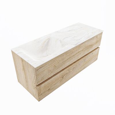 MONDIAZ VICA-DLUX 120cm badmeubel onderkast Washed Oak 2 lades. Inbouw wastafel CLOUD links zonder kraangat, kleur Ostra, en spiegel model SPOT