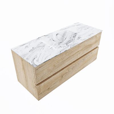 MONDIAZ VICA-DLUX 120cm badmeubel onderkast Washed Oak 2 lades. Inbouw wastafel CLOUD midden zonder kraangat, kleur Glace, en spiegel model SPOT