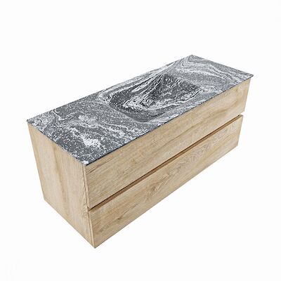 MONDIAZ VICA-DLUX 120cm badmeubel onderkast Washed Oak 2 lades. Inbouw wastafel CLOUD midden zonder kraangat, kleur Lava, en spiegel model SPOT