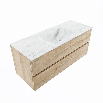 MONDIAZ VICA-DLUX 120cm badmeubel onderkast Washed Oak 2 lades. Inbouw wastafel CLOUD midden zonder kraangat, kleur Opalo, en spiegel model SPOT