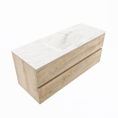 MONDIAZ VICA-DLUX 120cm badmeubel onderkast Washed Oak 2 lades. Inbouw wastafel CLOUD midden zonder kraangat, kleur Ostra, en spiegel model SPOT