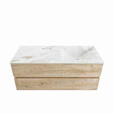 MONDIAZ VICA-DLUX 120cm badmeubel onderkast Washed Oak 2 lades. Inbouw wastafel CLOUD rechts zonder kraangat, kleur Frappe.