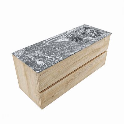 MONDIAZ VICA-DLUX 120cm badmeubel onderkast Washed Oak 2 lades. Inbouw wastafel CLOUD rechts zonder kraangat, kleur Lava, en spiegel model SPOT