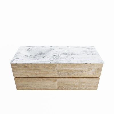 MONDIAZ VICA-DLUX 120cm badmeubel onderkast Washed Oak 4 lades. Inbouw wastafel CLOUD links 1 kraangat, kleur Glace.