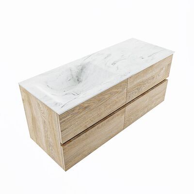 MONDIAZ VICA-DLUX 120cm badmeubel onderkast Washed Oak 4 lades. Inbouw wastafel CLOUD links zonder kraangat, kleur Opalo, en spiegel model SPOT