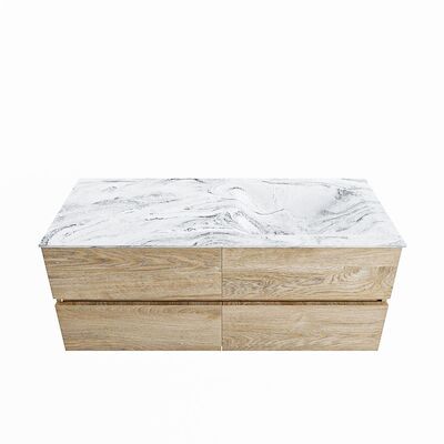 MONDIAZ VICA-DLUX 120cm badmeubel onderkast Washed Oak 4 lades. Inbouw wastafel CLOUD rechts zonder kraangat, kleur Glace.