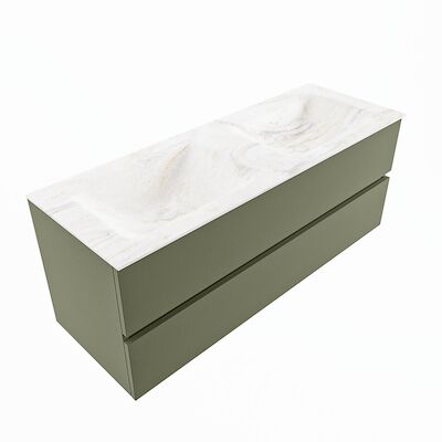 MONDIAZ VICA-DLUX 130cm badmeubel onderkast Army 2 lades. Inbouw wastafel CLOUD dubbel zonder kraangat, kleur Ostra, en spiegel model SPOT