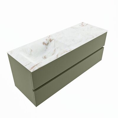 MONDIAZ VICA-DLUX 130cm badmeubel onderkast Army 2 lades. Inbouw wastafel CLOUD links 1 kraangat, kleur Frappe, en spiegel model SPOT