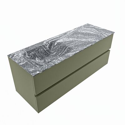 MONDIAZ VICA-DLUX 130cm badmeubel onderkast Army 2 lades. Inbouw wastafel CLOUD links 1 kraangat, kleur Lava, en spiegel model SPOT
