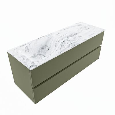 MONDIAZ VICA-DLUX 130cm badmeubel onderkast Army 2 lades. Inbouw wastafel CLOUD links zonder kraangat, kleur Glace, en spiegel model SPOT