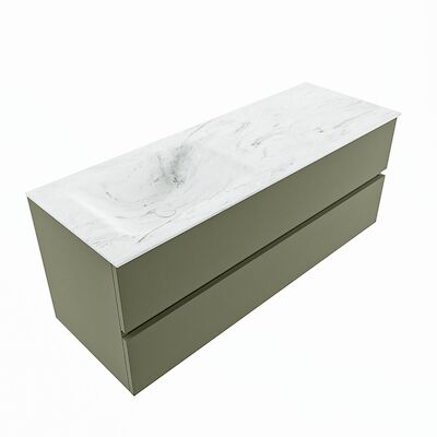 MONDIAZ VICA-DLUX 130cm badmeubel onderkast Army 2 lades. Inbouw wastafel CLOUD links zonder kraangat, kleur Opalo, en spiegel model SPOT