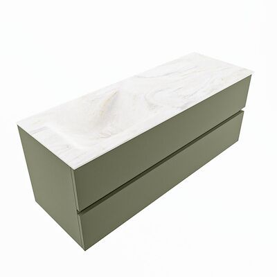 MONDIAZ VICA-DLUX 130cm badmeubel onderkast Army 2 lades. Inbouw wastafel CLOUD links zonder kraangat, kleur Ostra, en spiegel model SPOT