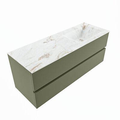 MONDIAZ VICA-DLUX 130cm badmeubel onderkast Army 2 lades. Inbouw wastafel CLOUD rechts zonder kraangat, kleur Frappe, en spiegel model SPOT