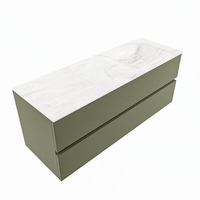 MONDIAZ VICA-DLUX 130cm badmeubel onderkast Army 2 lades. Inbouw wastafel CLOUD rechts zonder kraangat, kleur Ostra, en spiegel model SPOT