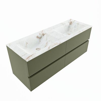 MONDIAZ VICA-DLUX 130cm badmeubel onderkast Army 4 lades. Inbouw wastafel CLOUD dubbel zonder kraangat, kleur Frappe, en spiegel model SPOT