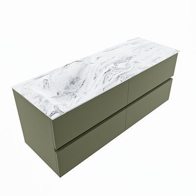 MONDIAZ VICA-DLUX 130cm badmeubel onderkast Army 4 lades. Inbouw wastafel CLOUD links zonder kraangat, kleur Glace, en spiegel model SPOT