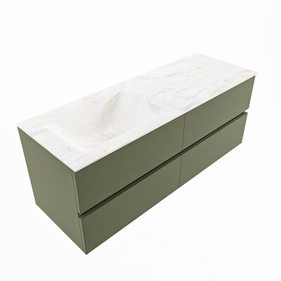MONDIAZ VICA-DLUX 130cm badmeubel onderkast Army 4 lades. Inbouw wastafel CLOUD links zonder kraangat, kleur Ostra, en spiegel model SPOT