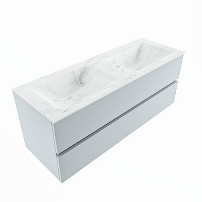 MONDIAZ VICA-DLUX 130cm badmeubel onderkast Clay 2 lades. Inbouw wastafel CLOUD dubbel 2 kraangaten, kleur Opalo, en spiegel model SPOT