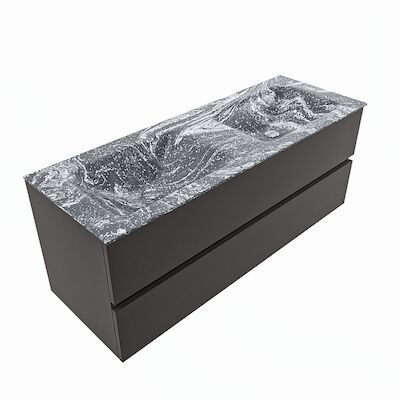 MONDIAZ VICA-DLUX 130cm badmeubel onderkast Dark grey 2 lades. Inbouw wastafel CLOUD dubbel 2 kraangaten, kleur Lava, en spiegel model SPOT