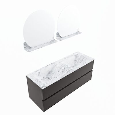 MONDIAZ VICA-DLUX 130cm badmeubel onderkast Dark grey 2 lades. Inbouw wastafel CLOUD dubbel zonder kraangat, kleur Glace, en spiegel model SPOT