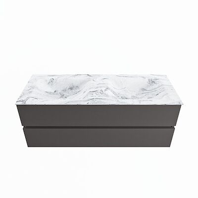 MONDIAZ VICA-DLUX 130cm badmeubel onderkast Dark grey 2 lades. Inbouw wastafel CLOUD dubbel zonder kraangat, kleur Glace.