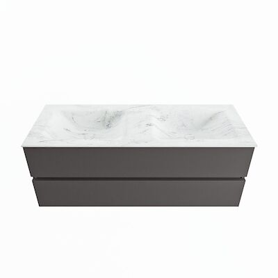 MONDIAZ VICA-DLUX 130cm badmeubel onderkast Dark grey 2 lades. Inbouw wastafel CLOUD dubbel zonder kraangat, kleur Opalo.