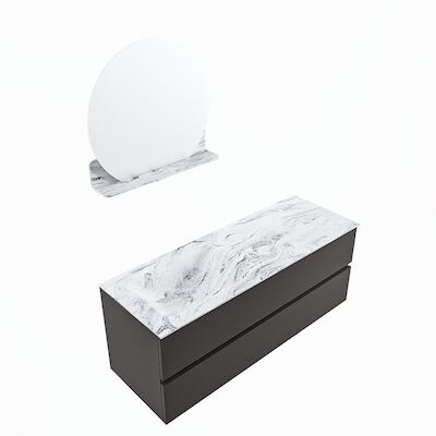 MONDIAZ VICA-DLUX 130cm badmeubel onderkast Dark grey 2 lades. Inbouw wastafel CLOUD links 1 kraangat, kleur Glace, en spiegel model SPOT