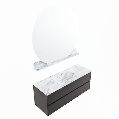 MONDIAZ VICA-DLUX 130cm badmeubel onderkast Dark grey 2 lades. Inbouw wastafel CLOUD midden 1 kraangat, kleur Glace, en spiegel model SPOT