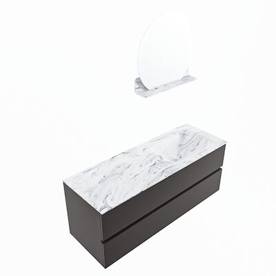 MONDIAZ VICA-DLUX 130cm badmeubel onderkast Dark grey 2 lades. Inbouw wastafel CLOUD rechts 1 kraangat, kleur Glace, en spiegel model SPOT