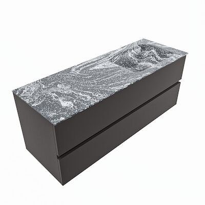 MONDIAZ VICA-DLUX 130cm badmeubel onderkast Dark grey 2 lades. Inbouw wastafel CLOUD rechts 1 kraangat, kleur Lava, en spiegel model SPOT