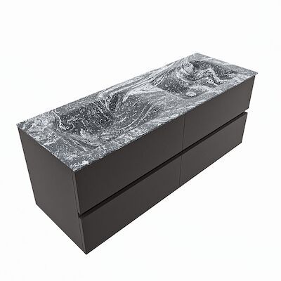 MONDIAZ VICA-DLUX 130cm badmeubel onderkast Dark grey 4 lades. Inbouw wastafel CLOUD dubbel 2 kraangaten, kleur Lava, en spiegel model SPOT